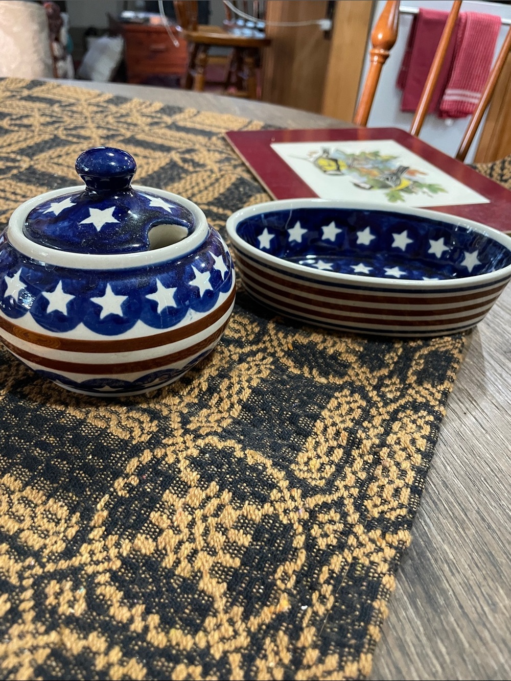Patriotic Ceramic Sugar Bowl and Dish Set - Blue White Red Stars & Stripes